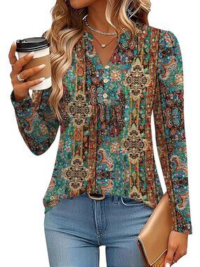 Women's Retro Ethnic Print Long Sleeve Shirts V-Neck Casual Pleated Fall Tops
